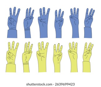 The national symbol of the trident, coat of arms of Ukraine, 3 fingers, a set of blue and yellow hands
