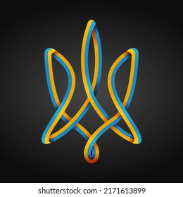Símbolo nacional de Ucrania tridente en colores de bandera amarilla y azul aislado en un fondo oscuro.