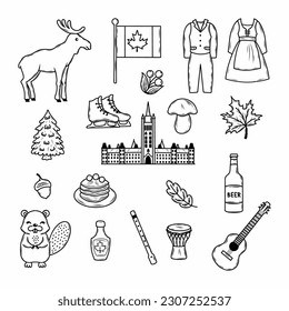 National symbols of Canada. Culture of country. Set doodle elements for  decor  poster or postcard.