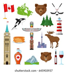 National symbols of Canada, official representation of the country and people, places, traditions and culture education. Vector flat style illustration isolated on white background