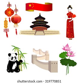 National symbols of China: chinese woman in a red dress, Temple of Heaven, the Great Wall of China and red lanterns. It can be used for travel design template.