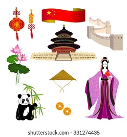 National symbols of China: chinese woman in a lilac dress, Temple of Heaven, the Great Wall of China and red lanterns. It can be used for travel design template.