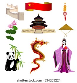 National symbols of China: chinese woman in a lilac dress, Temple of Heaven, the Great Wall of China and panda. It can be used for travel design template.