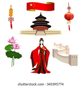 National symbols of China: chinese woman in a red dress, Temple of Heaven, the Great Wall of China and lotus. It can be used for travel design template.