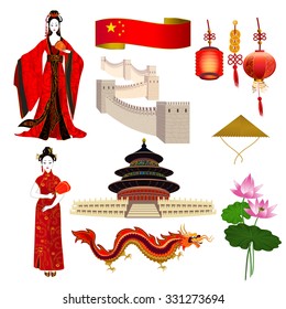 National symbols of China: chinese women in red dresses, dragon, lotus, hat, the Great Wall and red lanterns. It can be used for travel design template.