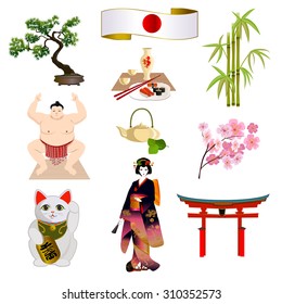 National symbols of Japan: japanese woman in a kimono, sumo wrestler, temple gates, the figurine cat that hold a japanese coin. The hieroglyph on the coin is translated "a lot of money".