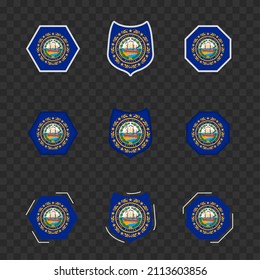 National symbols of New Hampshire on a dark transparent background, vector flags of New Hampshire. Vector illustration.