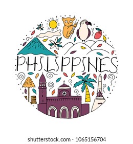 National symbols of Philippines in circle shape. Culture and architecture. 