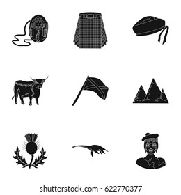 National symbols of Scotland. Scottish attractions. country icon in set collection on black style vector symbol stock illustration.