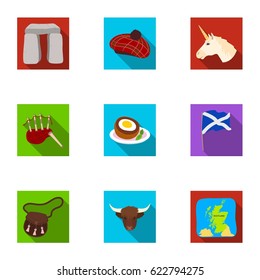 National symbols of Scotland. Scottish attractions. Scotland country icon in set collection on flat style vector symbol stock illustration.