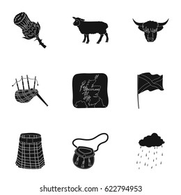 National symbols of Scotland. Scottish attractions. Scotland country icon in set collection on black style vector symbol stock illustration.