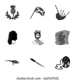 National symbols of Scotland. Scottish attractions. Scotland country icon in set collection on monochrome style vector symbol stock illustration.