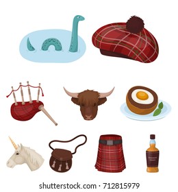 National symbols of Scotland. Scottish attractions. Scotland country icon in set collection on cartoon style vector symbol stock illustration.