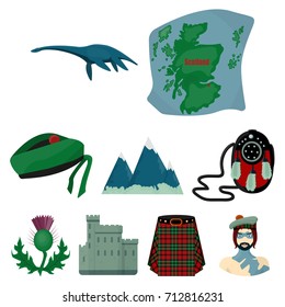 National symbols of Scotland. Scottish attractions. Scotland country icon in set collection on cartoon style vector symbol stock illustration.