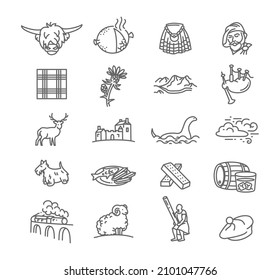 Símbolos de Escocia - colección de iconos de estilo de línea delgada vector