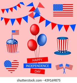 National symbols set for independence day, 4 july. Pink background.