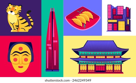 Símbolos nacionales de Corea del Sur - conjunto de ilustraciones coloridas de estilo de diseño plano. Imágenes de cachorro de tigre, mandu o gedza, máscara de madera tradicional, Gangnam Underground Shopping área, Lotte World Tower