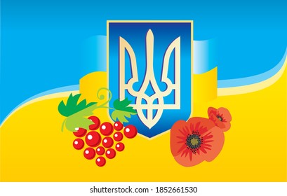 National symbols of Ukraine flag, coat of arms, poppies, viburnum
