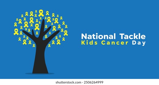 National Tackle Kids Cancer Day. Tree and ribbon. Suitable for cards, banners, posters, social media and more. Blue background.