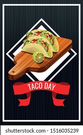 National Taco Day celebration over black background, vector illustration