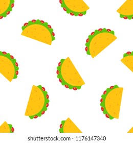 National taco day festive seamless pattern. Flat yellow taco with beef or chicken meat, green salad and red tomato randomly ordered on white background. Vector illustration for mexican festival design