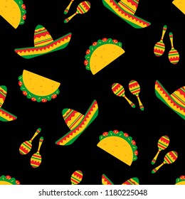 National taco day festive seamless pattern. Traditional tacos with beef, salad and tomato, bright sombreros and mexican maracas randomly ordered on black background. Vector illustration for web banner