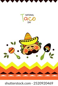 Dia Nacional do Taco. Modelo Png para menu café mexicano, bar, restaurante, festa. Engraçado personagem Taco rabiscar, comida tradicional mexicana, ilustração vetorial em fundo transparente.