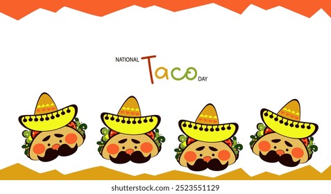 Dia Nacional do Taco. Modelo Png para menu café mexicano, bar, restaurante, festa. Engraçado personagem Taco rabiscar, comida tradicional mexicana, ilustração vetorial em fundo transparente.