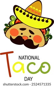 Dia Nacional do Taco. Modelo Png para menu café mexicano, bar, restaurante, festa. Engraçado personagem Taco rabiscar, comida tradicional mexicana, ilustração vetorial em fundo transparente.