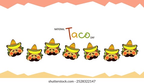 Dia Nacional do Taco. Modelo Png para menu café mexicano, bar, restaurante, festa. Engraçado personagem Taco rabiscar, comida tradicional mexicana, ilustração vetorial em fundo transparente.