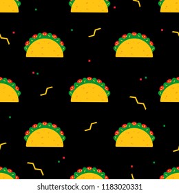 National Taco Meal Festive Vector Seamless Pattern. Mexican Fast Food Tacos With Beef Or Chicken Meat, Green Salad And Red Tomato Evenly Ordered On Black Background For Traditional Taco Tuesday Party