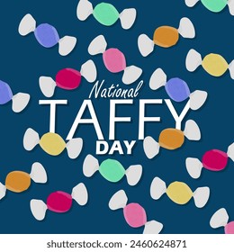 National Taffy Day event banner. Several chewy candies with various flavors on dark blue background to celebrate on May 23rd