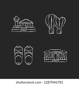 National taiwanese chalk white icons set on dark background. Longshan temple. Taiwanese slippers. Traditional asian items. Ethnic heritage. Isolated vector chalkboard illustrations on black

