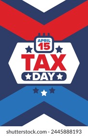 National Tax Day in the United States. Federal tax filing deadline. Day on which individual income returns must be submitted to the federal government. American patriotic vector poster