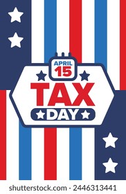 National Tax Day in the United States. Federal tax filing deadline. Day on which individual income returns must be submitted to the federal government. American patriotic vector poster