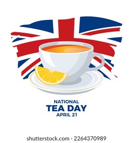 National Tea Day in the United Kingdom vector illustration. Abstract grunge Flag of the United Kingdom design element. Cup of tea with lemon icon vector. April 21 every year