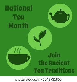 National Tea Month, poster, banner or postcard design idea about healthy hot drink vector illustration