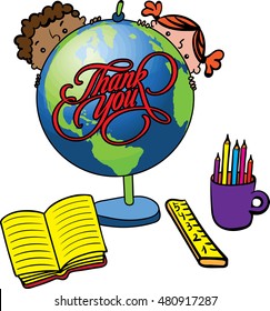 National teacher day vector greeting card with boy ang girl students saying Thank you. Vector illustration of the globe, children, book, ruler and pencils in a cup. Happy Teacher's day. Isolated.