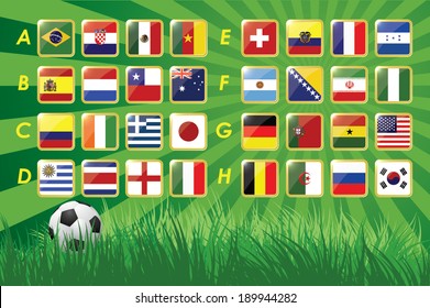 National Team Flags 2014 on grass background and soccer ball. 32 nations. vector icons.