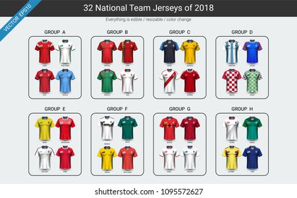 National team soccer jersey 2018 uniform group set, Football players mock-up for your presentation the match results of sport tournament in Russian, Everything is edible, resizable and color change.