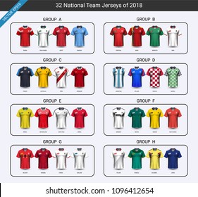 National team soccer jersey 2018 uniform group set, Football players mock-up for your presentation the match results of sport tournament in Russian, Everything is edible, resizable and color change.