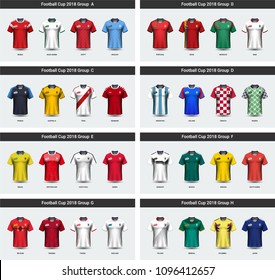 National team soccer jersey 2018 uniform group set, Football players mock-up for your presentation the match results of sport tournament in Russian, Everything is edible, resizable and color change.