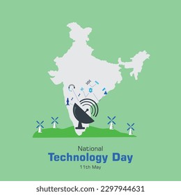 National Technology Day vector, illustration. Concept showing India map in background with satellites, missile, windmills, radar signal and other technologies etc.  