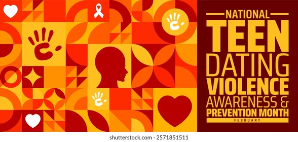 National Teen Dating Violence Awareness and Prevention Month geometric shape pattern background banner or poster design template with ribbon, hand and love icon. observed every year in February.