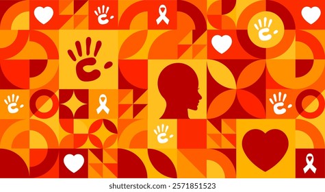 National Teen Dating Violence Awareness and Prevention Month geometric shape pattern background banner or poster design template with ribbon, hand and love icon. observed every year in February.