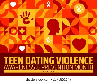 National Teen Dating Violence Awareness and Prevention Month geometric shape pattern background banner or poster design template with ribbon, hand and love icon. observed every year in February.