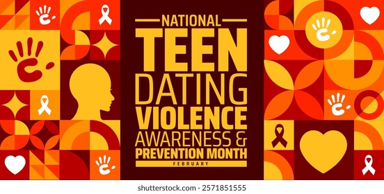 National Teen Dating Violence Awareness and Prevention Month geometric shape pattern background banner or poster design template with ribbon, hand and love icon. observed every year in February.