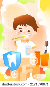 National Teeth Day, children are brushing their teeth and washing up with a sink in the foreground, vector illustration