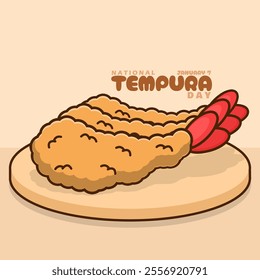 National Tempura Day to celebrate on January 7th. A typical Japanese fried food consisting of shrimp fried in flour. Food event banner.