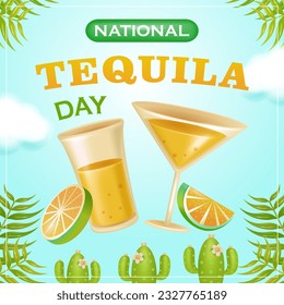 National Tequila Day, 3d vector tequla in a glass with lemon, leaf and cactus elements. Suitable for events and promotions 